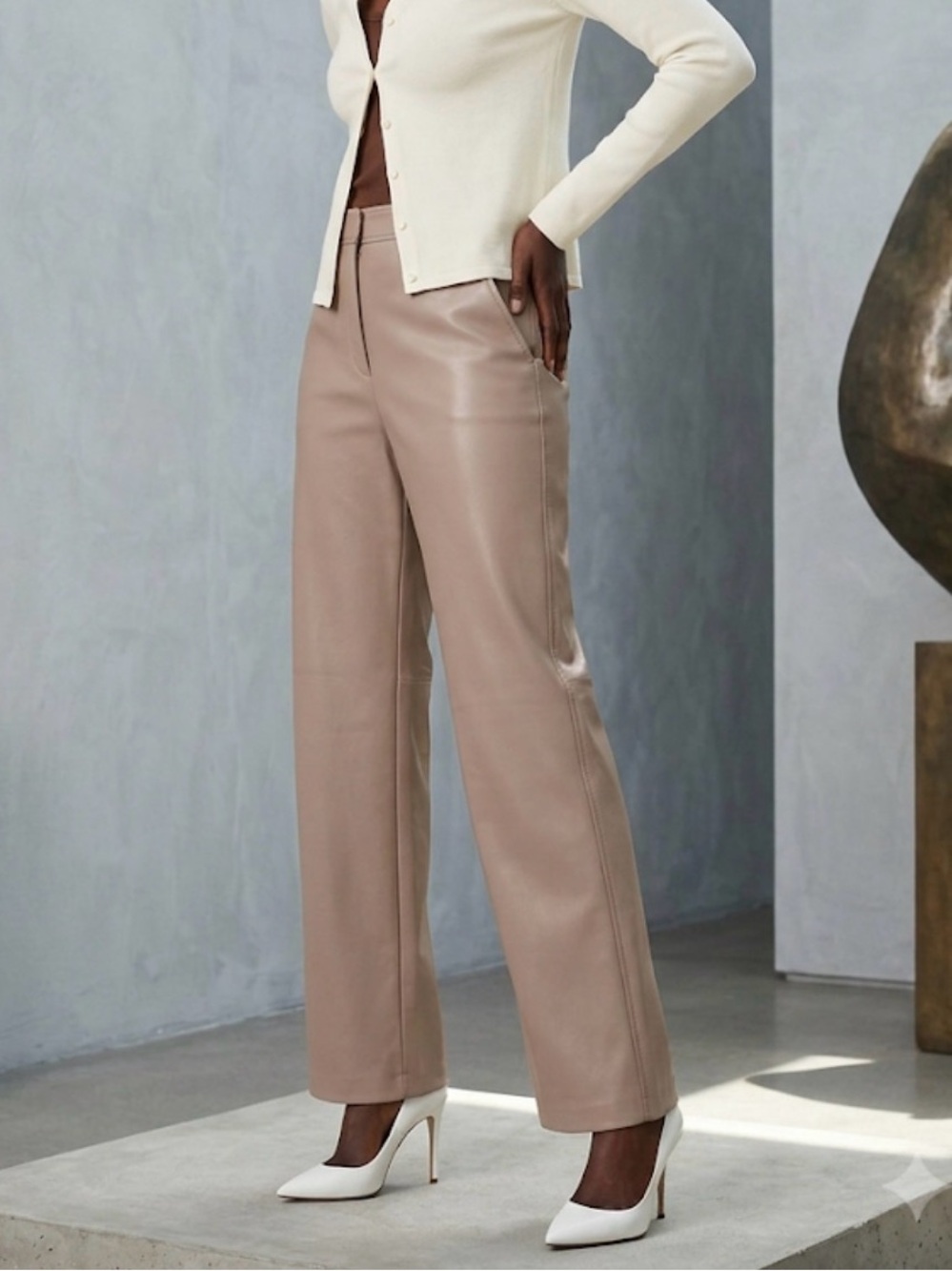 Aritzia Babaton size 8 Command Vegan Faux Leather Cropped Beige Tan Pant Trouser